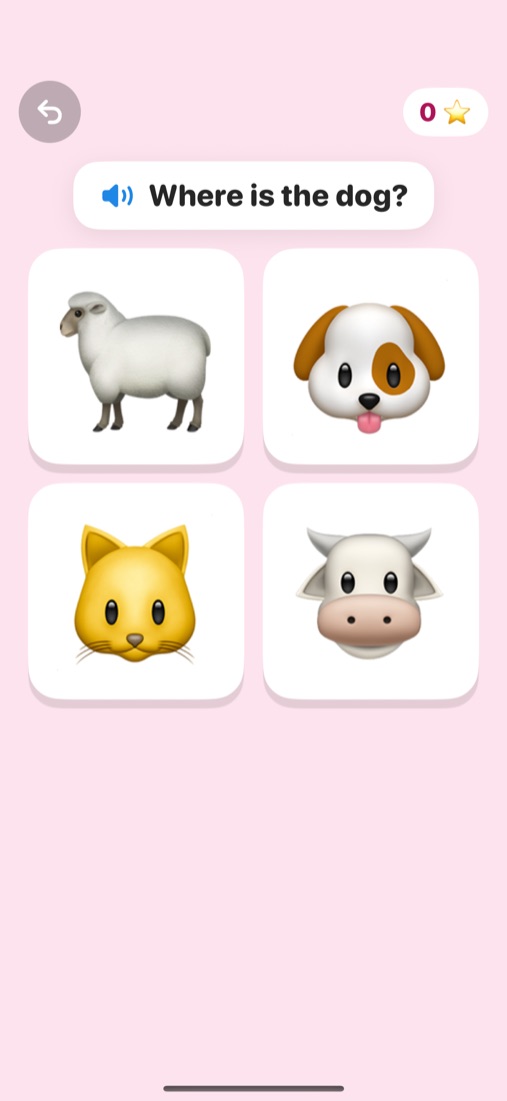 Find it game asking "Where is the dog?" with four animal pictures