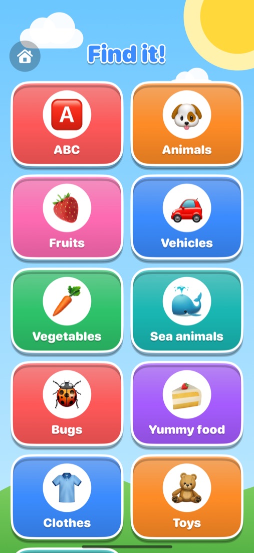 Find it menu with colourful theme buttons: ABC, Animals, Fruits, Vehicles and more