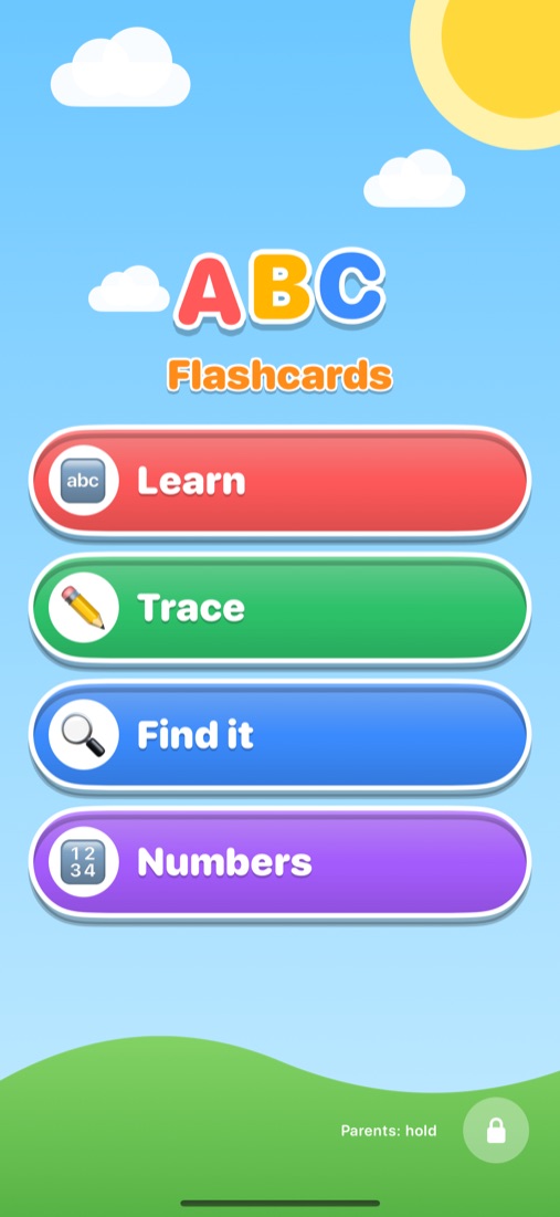 Home screen with four big buttons: Learn, Trace, Find it and Numbers