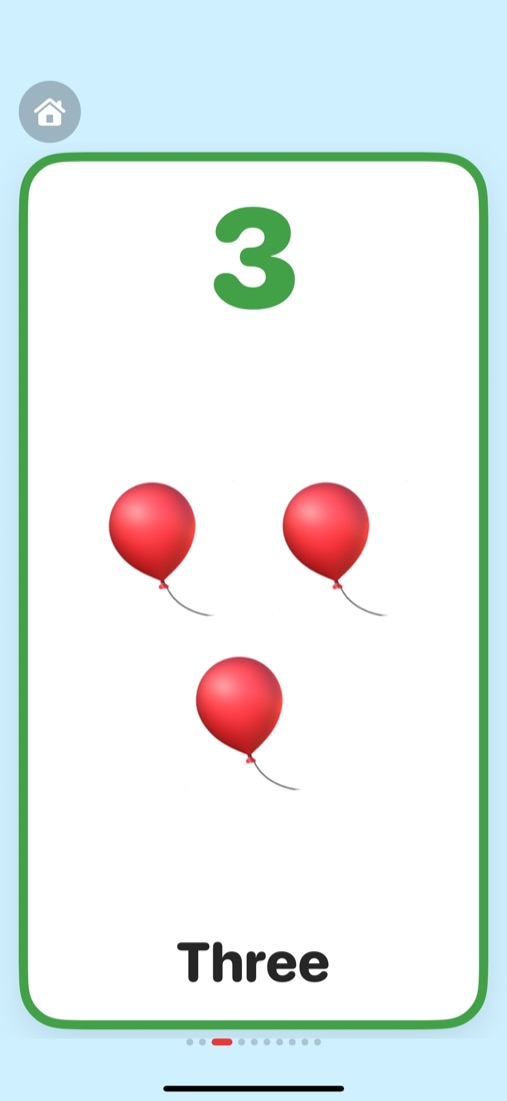 Number card for 3 showing three red balloons